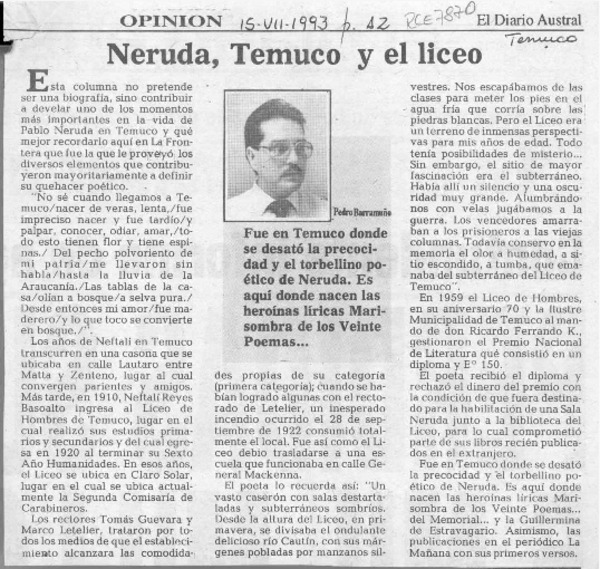 Neruda, Temuco y el liceo  [artículo] Pedro Barramuño.