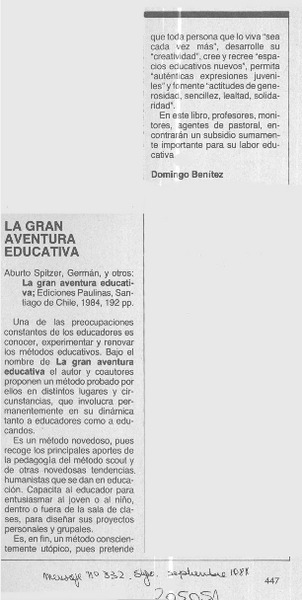 "La gran aventura educativa"  [artículo] Domingo Benítez.