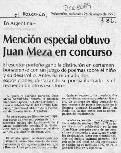 Mención especial obtubo Juan Meza en concurso  [artículo].
