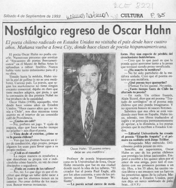 Nostálgico regreso de Oscar Hahn  [artículo] S. V. Y.