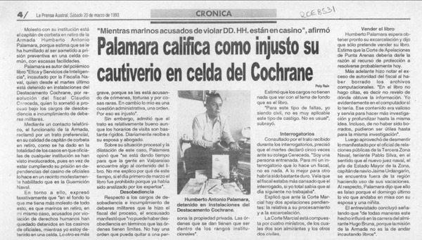 Palamara califica como injusto su cautiverio en celda del Cochrane  [artículo] Poly Rain.