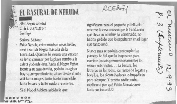 El basural de Neruda  [artículo] Abel Argate Montiel.