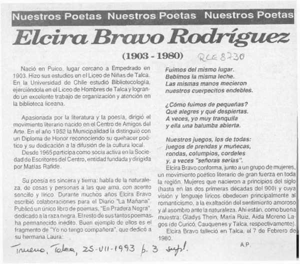 Elcira Bravo Rodríguez (1903-1980)  [artículo] A. P.