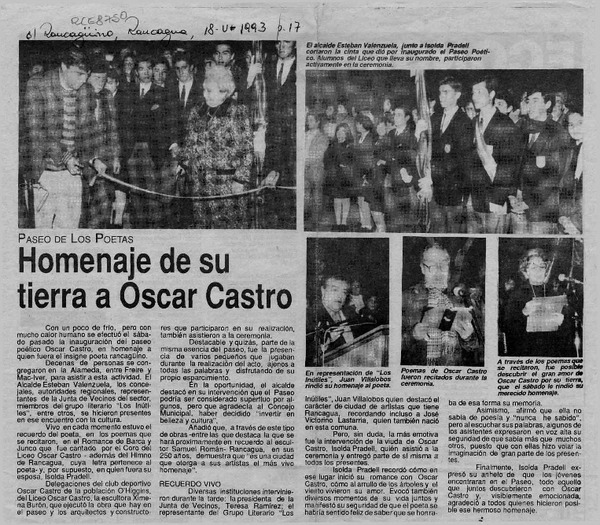Homenaje de su tierra a Oscar Castro  [artículo].