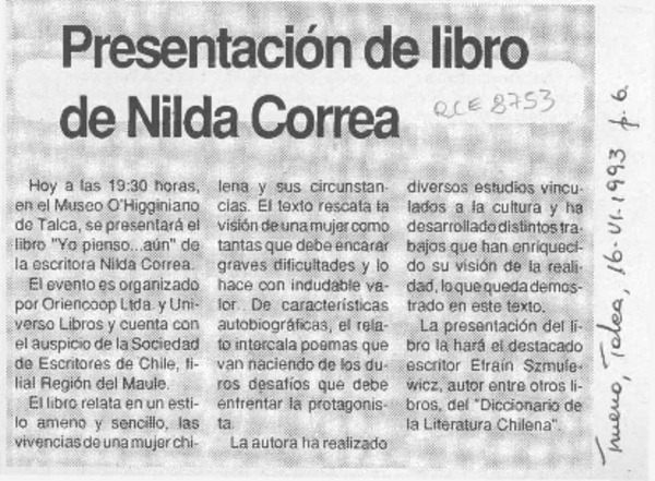 Presentación de libro de Nilda Correa  [artículo].