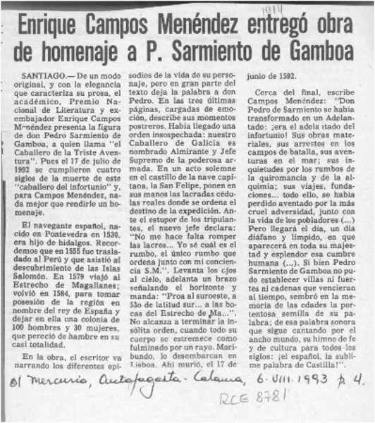 Enrique Campos Menéndez entregó obra de homenaje a P. Sarmiento de Gamboa  [artículo].