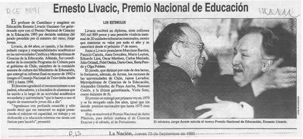Ernesto Livacic, Premio Nacional de Educación