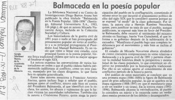 Balmaceda en la poesía popular  [artículo] Sergio Martínez Baeza.