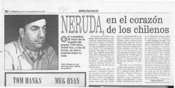 Neruda, en el corazón de los chilenos  [artículo] Patricia Guerra T.