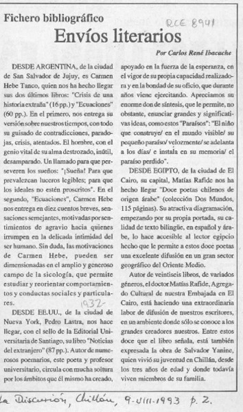 Envíos literarios  [artículo] Carlos René Ibacache.