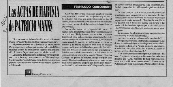 Las actas de Marusia de Patricio Manns  [artículo] Fernando Quilodrán.