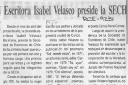 Escritora Isabel Velasco preside la SECH  [artículo] José Vargas Badilla.