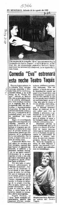 Comedia "Eva" estrenará esta noche Teatro Taquis  [artículo].