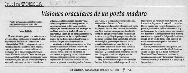 Visiones oraculares de un poeta maduro  [artículo] Teresa Calderón.