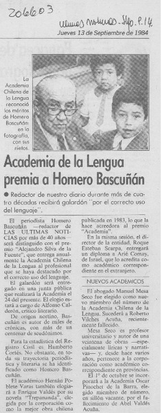 Academia de la Lengua premia a Homero Bascuñán