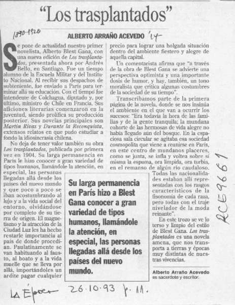 "Los trasplantados"  [artículo] Alberto Arraño Acevedo.