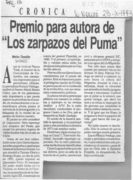 Premio para autora de "Los zarpazos del puma  [artículo] Mónica González.