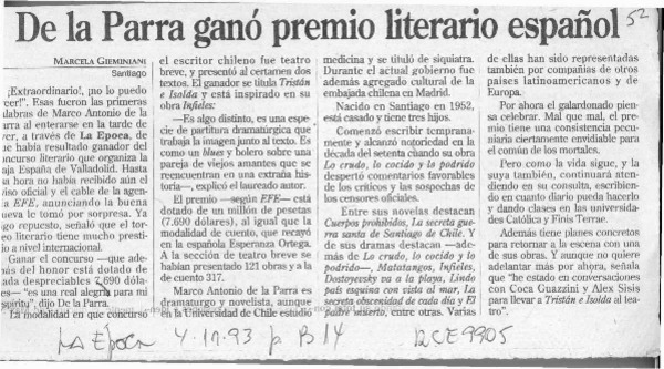 De la Parra ganó premio literario español  [artículo] Marcela Gieminiani.