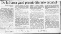 De la Parra ganó premio literario español  [artículo] Marcela Gieminiani.