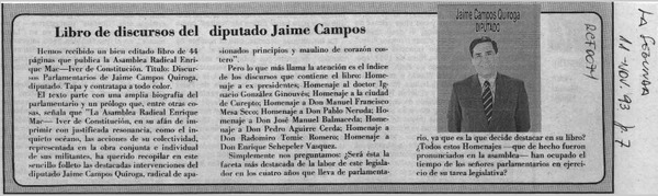 Libro de discursos del diputado Jaime Campos  [artículo].