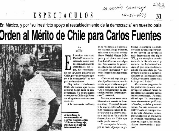 Orden al Mérito de Chile para Carlos Fuentes  [artículo].