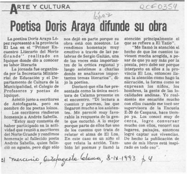Poetisa Doris Araya difunde su obra  [artículo]