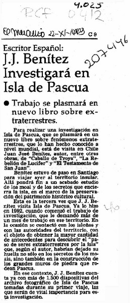 J. J. Benítez investigará en Isla de Pascua  [artículo].