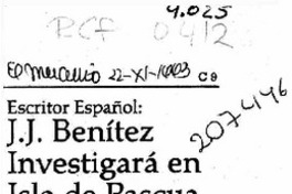 J. J. Benítez investigará en Isla de Pascua  [artículo].