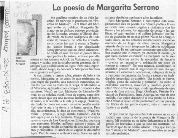 La poesía de Margarita Serrano  [artículo] Raúl Morales Alvarez.