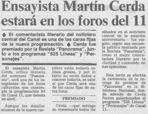 Ensayista Martín Cerda estará en los foros del 11