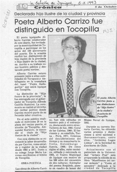 Poeta Alberto Carrizo fue distinguido en Tocopilla  [artículo].