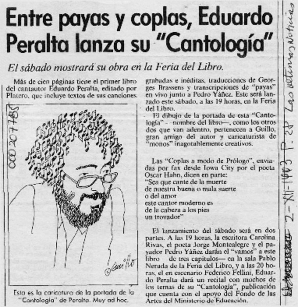Entre payas y coplas, Eduardo Peralta lanza su "Cantología"  [artículo].