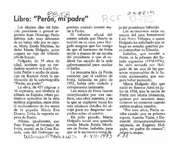 Libro, "Perón, mi padre"  [artículo].