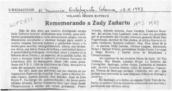 Rememorando a Sady Zañartu  [artículo] Yolanda Didier Batteaux.