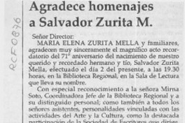 Agradece homenajes a Salvador Zurita M.  [artículo] María Elena Zurita Mella.