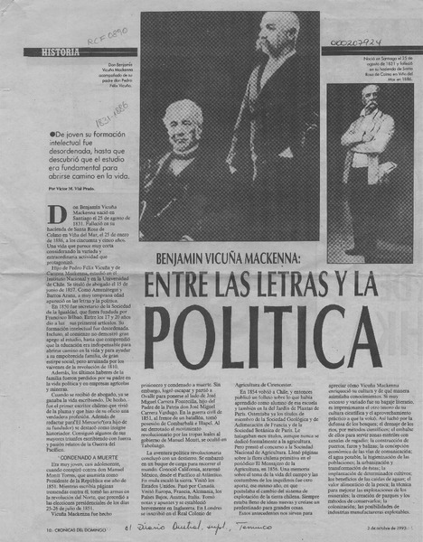 Benjamín Vicuña Mackenna entre las letras y la política  [artículo] Víctor M. Vial Prado.