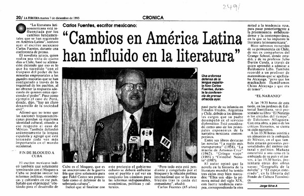 "Cambios en América Latina han influido en la literatura"  [artículo] Jorge Silva A.