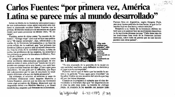 Carlos Fuentes, "Por primera vez, América Latina se parece más al mundo desarrollado"  [artículo].