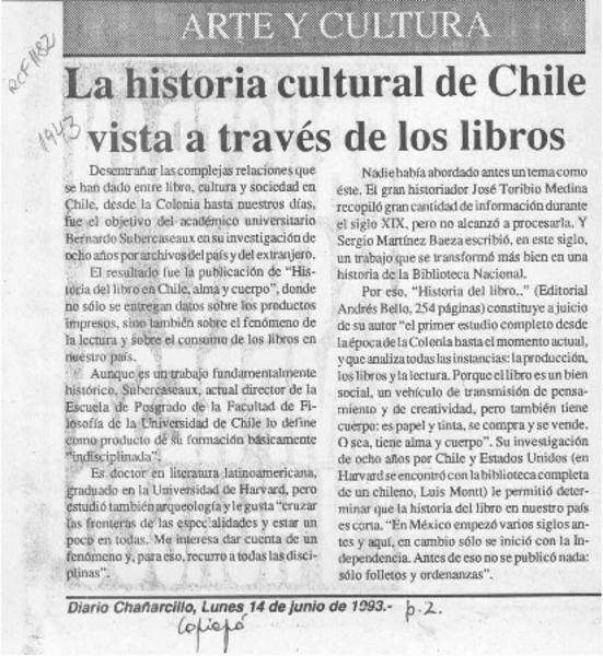 La Historia cultural de Chile vista a través de los libros  [artículo].