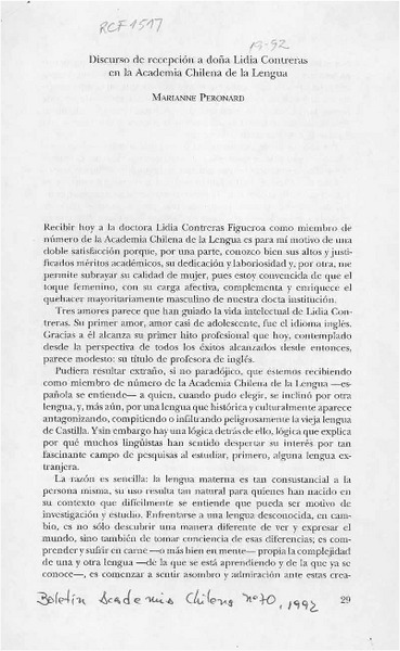 Discurso de recepción a doña Lidia Contreras en la Academia Chilena de la Lengua  [artículo] Marianne Peronard.