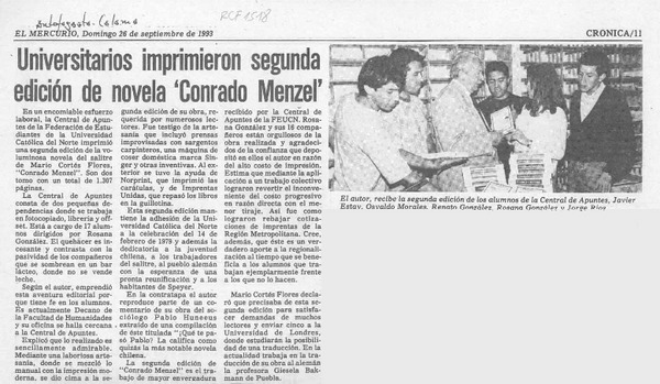 Universitarios imprimieron segunda edición de novela "Conrado Menzel"  [artículo].