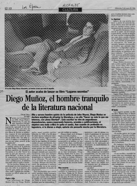 Diego Muñoz, el hombre tranquilo de la literatura nacional  [artículo] Oscar Vega.