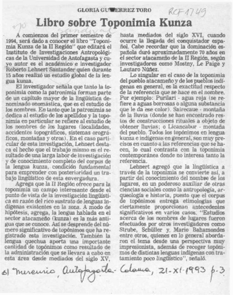 Libro sobre toponimia kunza  [artículo] Gloria Gutiérrez Toro.