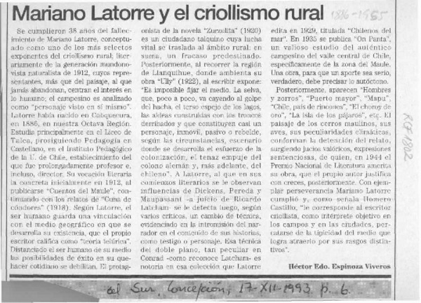 Mariano Latorre y el criollismo rural  [artículo] Héctor Edo. Espinoza Viveros.