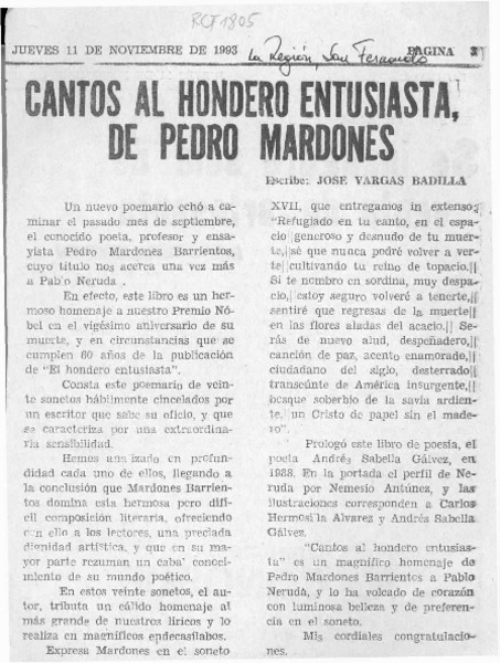 Cantos al hondero entusiasta, de Pedro Mardones  [artículo] José Vargas Badilla.