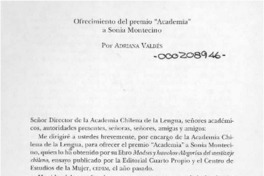 Ofrecimiento del premio "Academia" a Sonia Montecino  [artículo] Adriana Valdés.