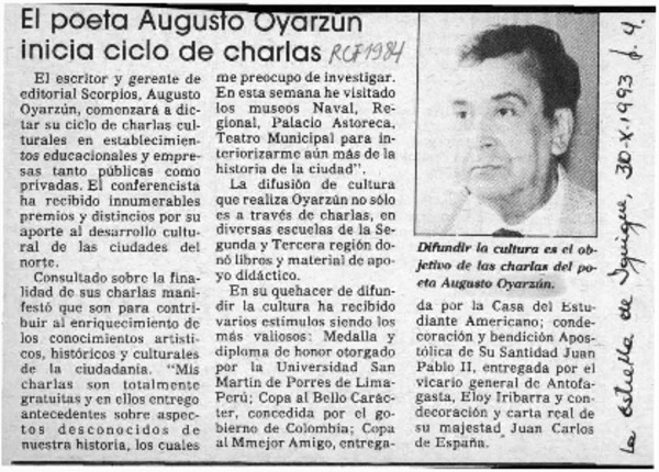 El Poeta Augusto Oyarzún inicia ciclo de charlas  [artículo].