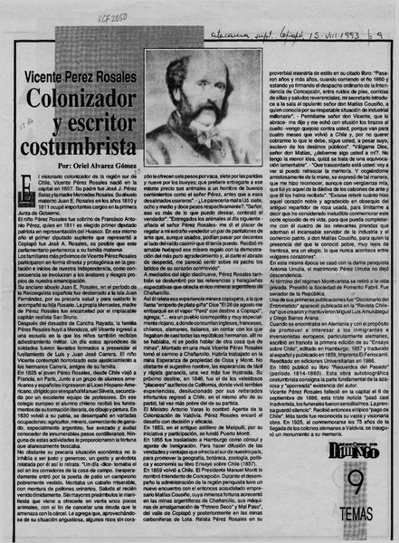 Vicente Pérez Rosales, colonizador y escritor costumbrista  [artículo] Oriel Alvarez Gómez.