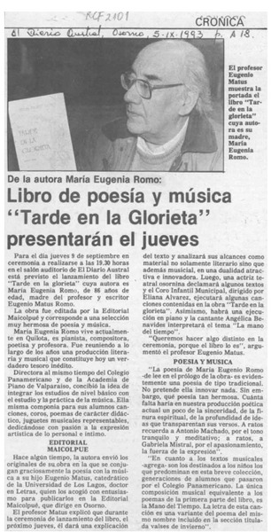 Libro de poesía y música "Tarde en la glorieta" presentarán el jueves  [artículo].
