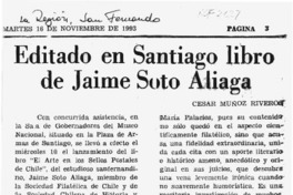 Editado en Santiago libro de Jaime Soto Aliaga  [artículo] César Muñoz Riveros.